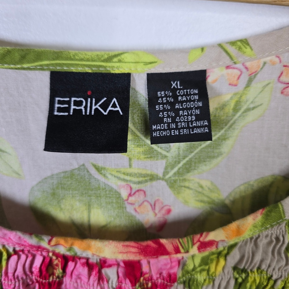ERIKA Floral Smocked Tank Top Women XL Sleeveless Tropical Vacation Beach - Picture 3 of 3